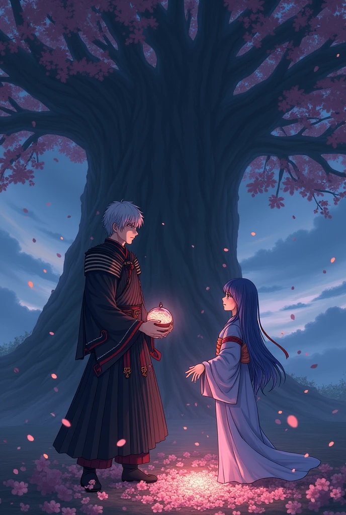 **Title: yuki: Ashes of a Broken Heart**
The book cover depicts a desolate and emotionally charged scene., center in the image of Yukigami and Yume.
Yukigami, with her straight white hair and red eyes, appears holding a small container containing Yume's ashes. His expression is one of deep sadness, a mixture of pain and determination, as he looks down, reflecting the weight of loss. He wears a traditional warrior uniform, with black and red details, that symbolize both their strength and mourning.
Yume, represented in an ethereal and almost translucent manner next to him, has long blue hair and violet eyes. She appears in a serene pose, with a soft and melancholic expression. Your presence is like a ghost from the past, surrounded by a soft light that distinguishes it from the physical world. She wears a traditional kimono in shades of blue and violet., that complements your eyes and hair.
Ao fundo, there is an ancient and imposing tree, surrounded by gently falling flower petals, symbolizing the memory of their first meeting. The tree is an important place, where they met, and now it becomes the place of final farewell. The sky is tinged with shades of twilight, with dark clouds forming, suggesting both the end and a new beginning.
The atmosphere of the cover is one of sadness and beauty., capturing the central theme of loss, love and revenge that permeates the season.
Light novel cover style.