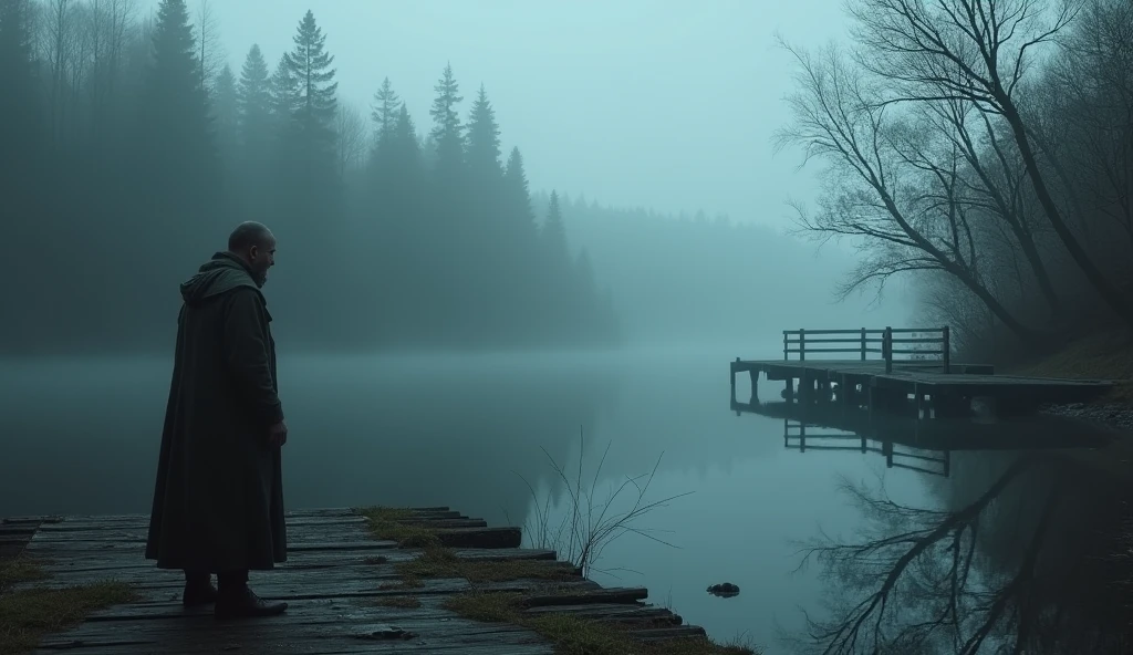 : A mist-covered scene with John White standing by the shoreline, gazing at the abandoned docks where no boats remain, the water eerily still, and the forest surrounding the settlement silent and foreboding.