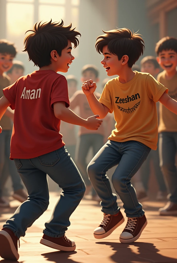 There are two boys and both are dancing and the name of one is Zeeshan and the other is Aman and the name is written on their t-shirt,and drink 