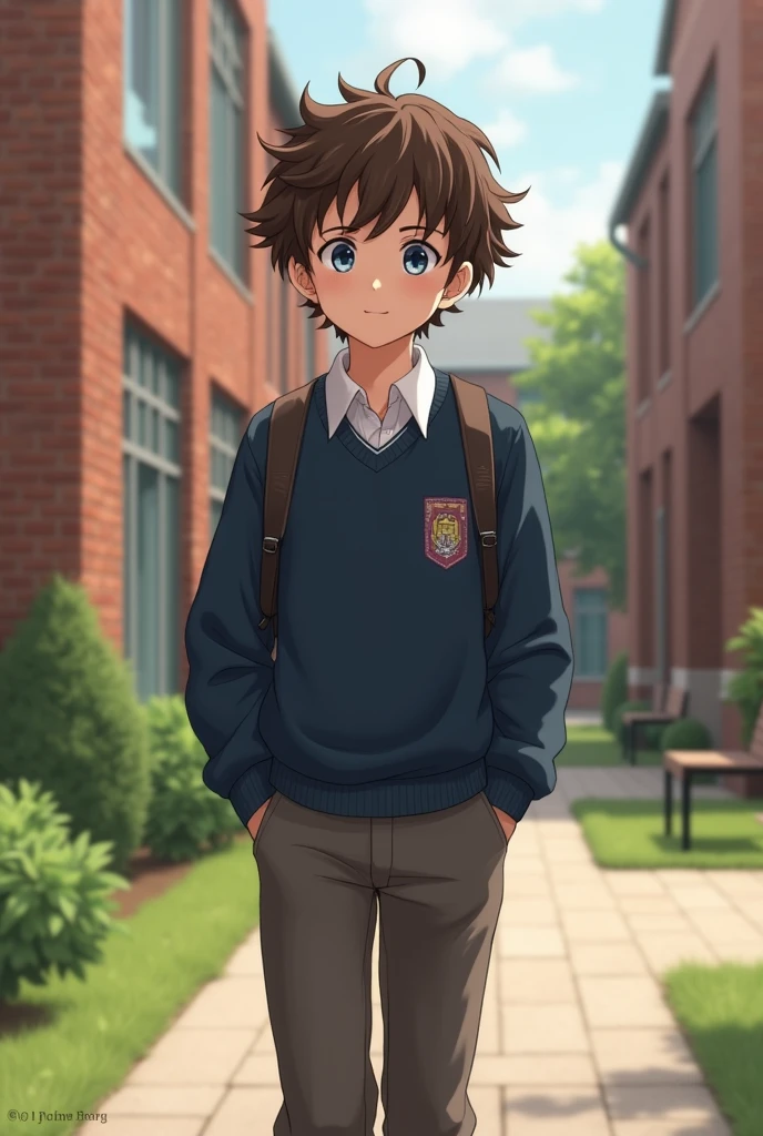 a 17 year old boy with short brown curly hair and blue eyes wearing a school uniform and walking