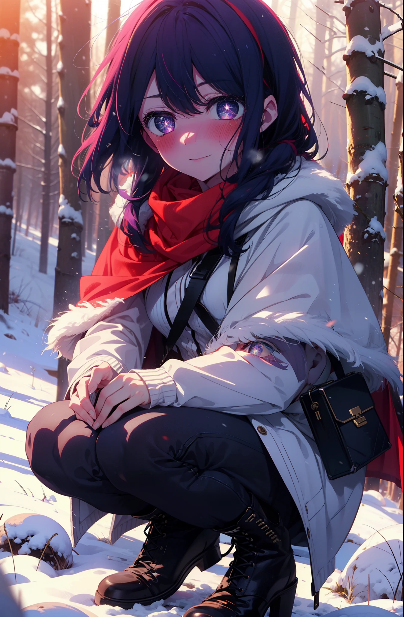 aihoshino, Ai Hoshino, Long Hair, bangs, (Purple eyes:1.1), Purple Hair, (Symbol-shaped pupil:1.5), smile,,smile,blush,white breath,
Open your mouth,snow,Ground bonfire, Outdoor, boots, snowing, From the side, wood, suitcase, Cape, Blurred, , forest, White handbag, nature,  Squat, Mouth closed, Cape, winter, Written boundary depth, Black shoes, red Cape break looking at viewer, Upper Body, whole body, break Outdoor, forest, nature, break (masterpiece:1.2), Highest quality, High resolution, unity 8k wallpaper, (shape:0.8), (Beautiful and beautiful eyes:1.6), Highly detailed face, Perfect lighting, Highly detailed CG, (Perfect hands, Perfect Anatomy),