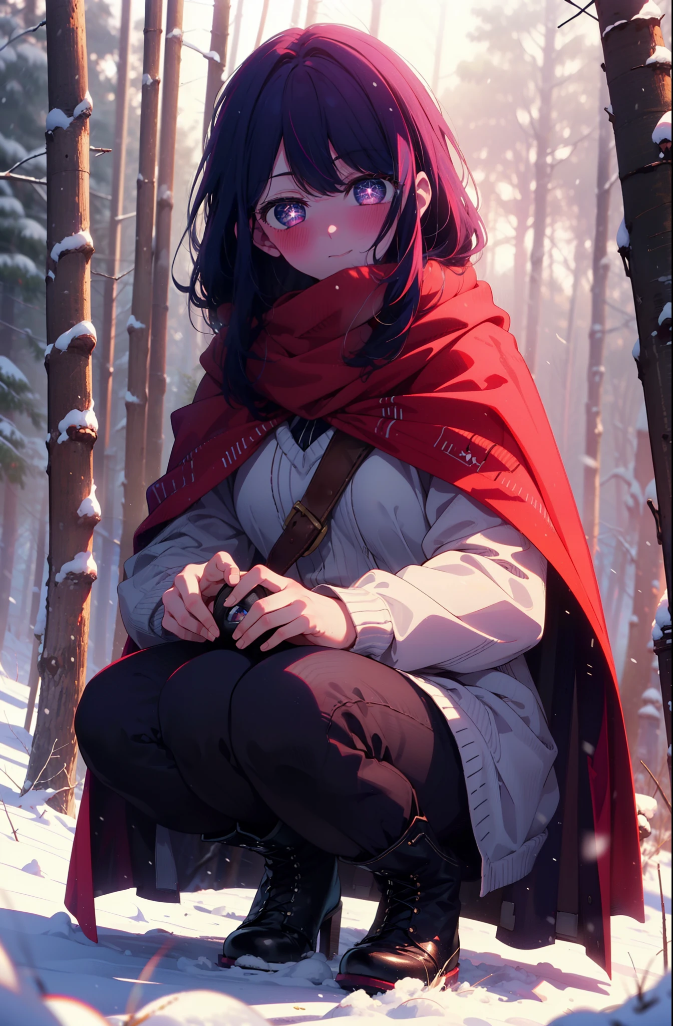 aihoshino, Ai Hoshino, Long Hair, bangs, (Purple eyes:1.1), Purple Hair, (Symbol-shaped pupil:1.5), smile,,smile,blush,white breath,
Open your mouth,snow,Ground bonfire, Outdoor, boots, snowing, From the side, wood, suitcase, Cape, Blurred, , forest, White handbag, nature, Squat, Mouth closed, Cape, winter, Written boundary depth, Black shoes, red Cape break looking at viewer, Upper Body, whole body, break Outdoor, forest, nature, break (masterpiece:1.2), Highest quality, High resolution, unity 8k wallpaper, (shape:0.8), (Beautiful and beautiful eyes:1.6), Highly detailed face, Perfect lighting, Highly detailed CG, (Perfect hands, Perfect Anatomy),