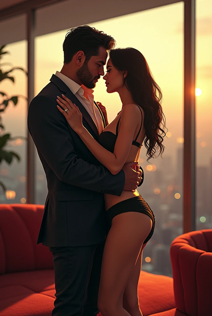 photorealism:1.2), Indonesian man, 40 years old, fat, neat short black hair, a little beard, facing the camera, in a luxurious office area, casual suit hugging a beautiful, sexy woman, wearing a short skirt and high heels, glass background with a panoramic view of the city seen from a tall building, realistic, intricate details, warm colors, by Greg Rutkowski, by Alphonse Mucha