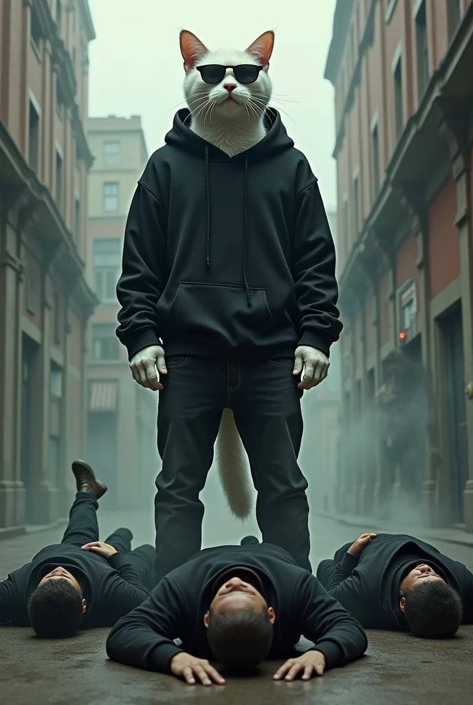 Three Gangsters fainted after a fight with a tall white cat dressed in black hoodie and black jeans with black glasses