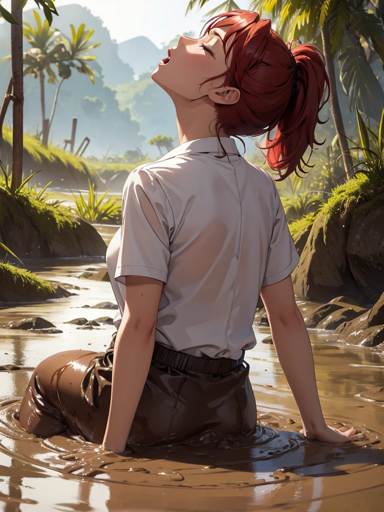 1girl, solo, masterpiece, best quality, high res, highly detailed, (illustration), eyes closed, yuigahama yui, red hair ponytail, glossy lips, light makeup, orgasm, open mouth, intimate moment, school shirt, torso, (quicksand:1.4), (from side:0), bog, swampy, arched back, (headback:1.4), dirty, muddy, soiled,
