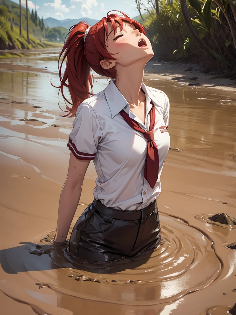 1girl, solo, masterpiece, best quality, high res, highly detailed, (illustration), eyes closed, yuigahama yui, red hair ponytail, glossy lips, light makeup, orgasm, open mouth, intimate moment, school shirt, torso, (quicksand:1.4), (from side:0), bog, swampy, arched back, (headback:1.4), dirty, muddy, soiled,
