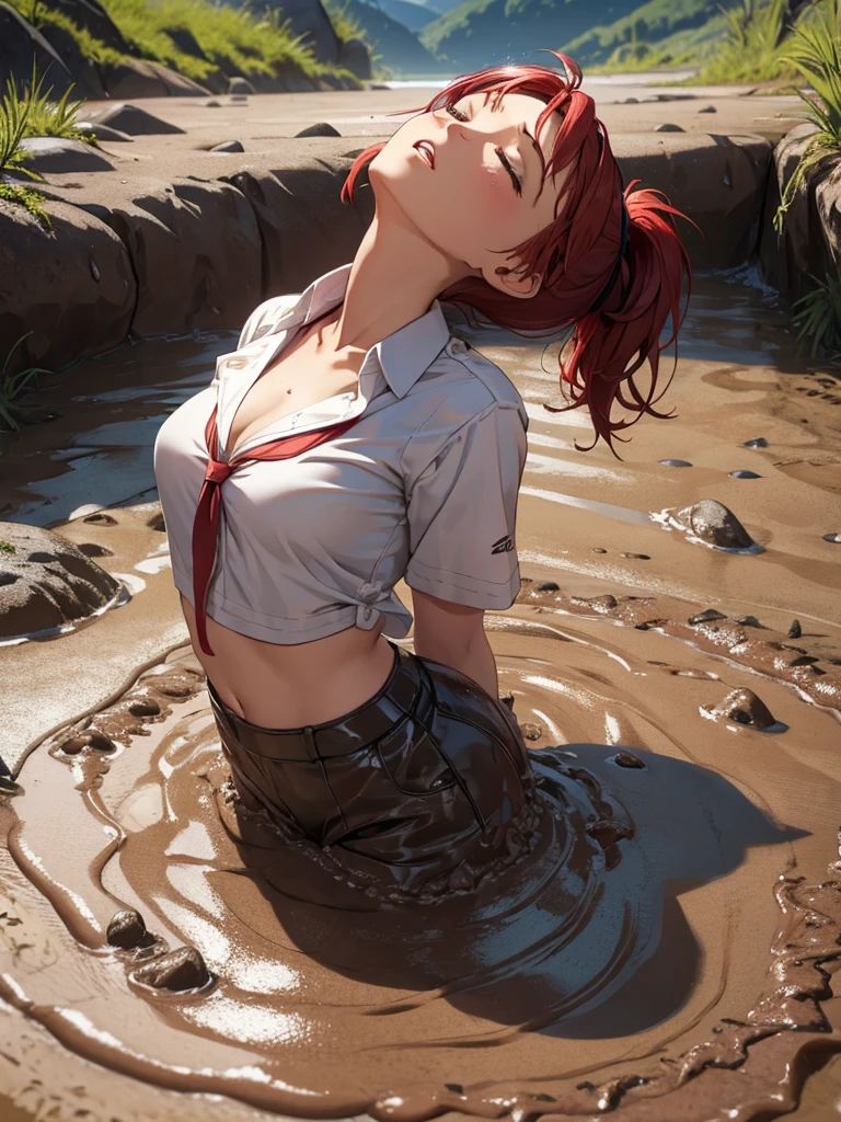 1girl, solo, masterpiece, best quality, high res, highly detailed, (illustration), eyes closed, yuigahama yui, red hair ponytail, glossy lips, light makeup, orgasm, open mouth, intimate moment, school shirt, torso, (quicksand:1.4), (from side:0), bog, swampy, arched back, (headback:1.4), dirty, muddy, soiled,