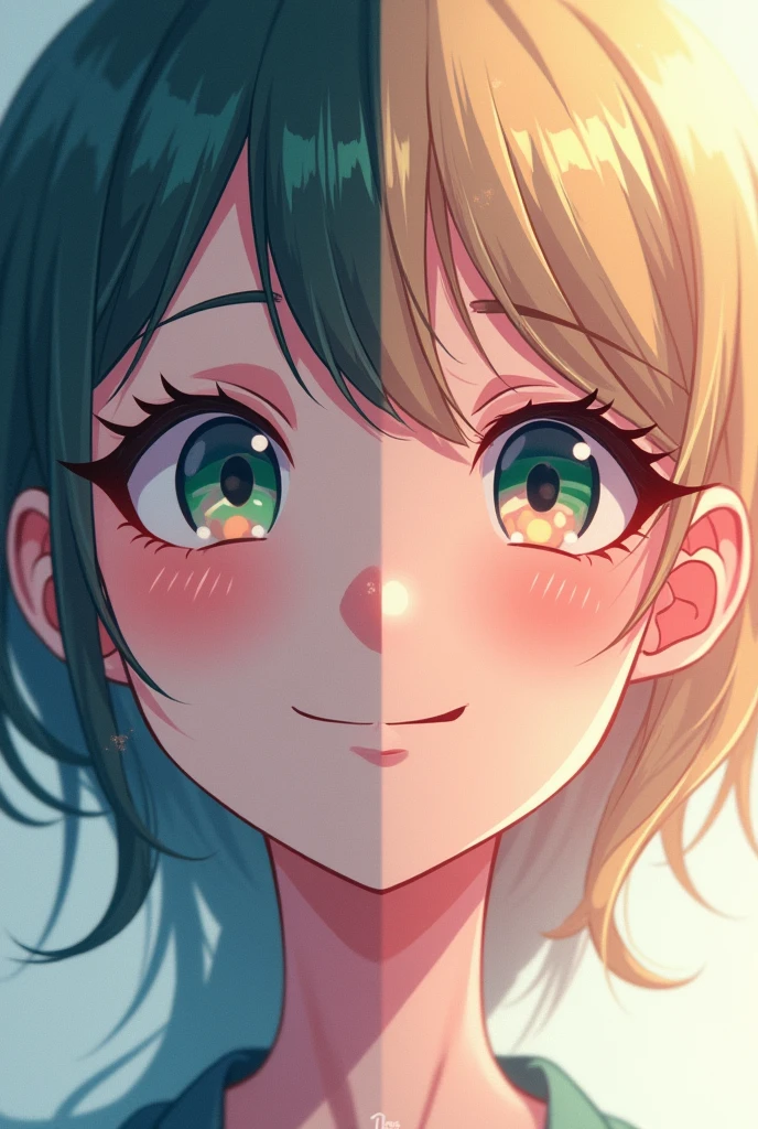 An image having half face of an anime character and remaing half of an cartoon character