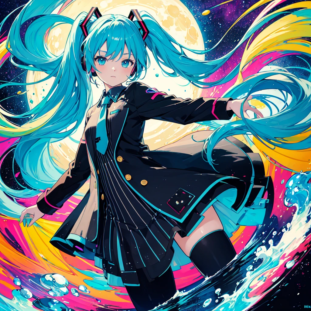 (masterpiece, Highest quality:1.3), (Flat Color:1.3),(colorful:1.3),View your viewers,One person,alone,floating colorful water,(2D:1.3), Hatsune Miku, Lunar Surface