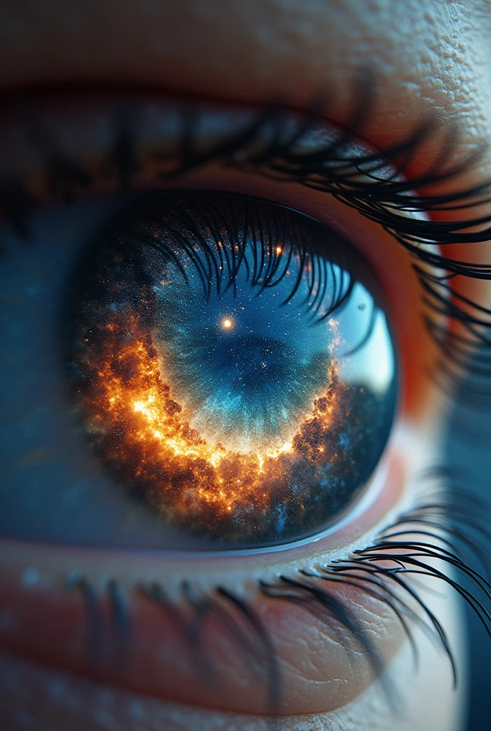 Eye close up, iris on the edges. In the pupil there is a deep incredible space - stars, Universe, star explosion, nebula, spaceships.