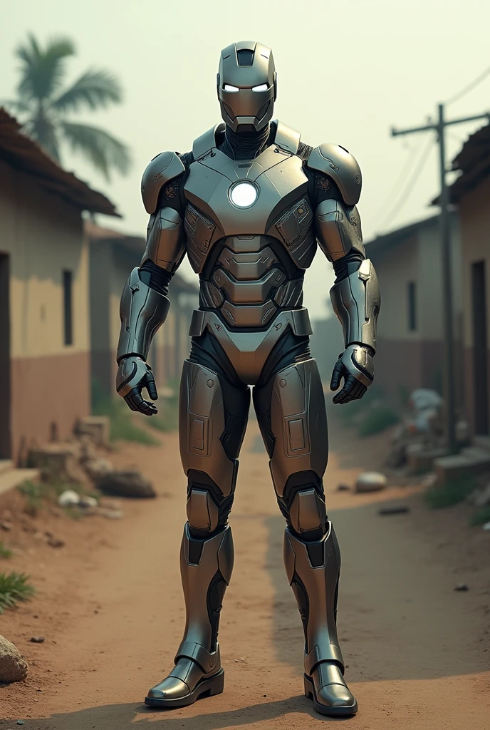 Iron man from Bangladesh. Village in poor condition in background