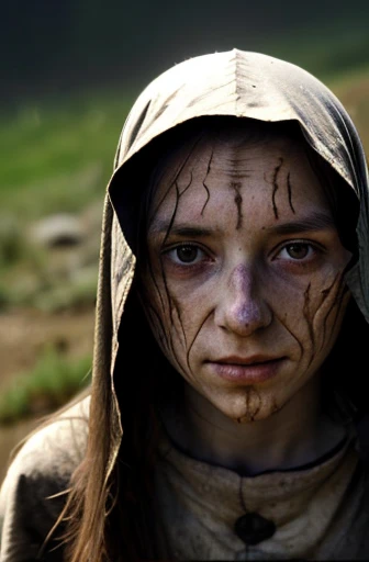 ugly medieval young female peasant, horrific scars on her face, long hair, solar light, luminous face, rainy, natural environment, covered head, submissive, shy