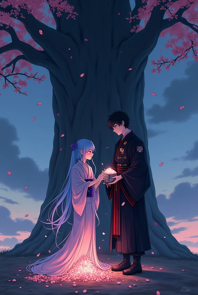 **Title: yuki: Ashes of a Broken Heart**
The book cover depicts a desolate and emotionally charged scene., center in the image of Yukigami and Yume.
Yukigami, with her straight white hair and red eyes, appears holding a small container containing Yume's ashes. His expression is one of deep sadness, a mixture of pain and determination, as he looks down, reflecting the weight of loss. He wears a traditional warrior uniform, with black and red details, that symbolize both their strength and mourning.
Yume, represented in an ethereal and almost translucent manner next to him, has long blue hair and violet eyes. She appears in a serene pose, with a soft and melancholic expression. Your presence is like a ghost from the past, surrounded by a soft light that distinguishes it from the physical world. She wears a traditional kimono in shades of blue and violet., that complements your eyes and hair.
Ao fundo, there is an ancient and imposing tree, surrounded by gently falling flower petals, symbolizing the memory of their first meeting. The tree is an important place, where they met, and now it becomes the place of final farewell. The sky is tinged with shades of twilight, with dark clouds forming, suggesting both the end and a new beginning.
The atmosphere of the cover is one of sadness and beauty., capturing the central theme of loss, love and revenge that permeates the season.
Light novel cover style.