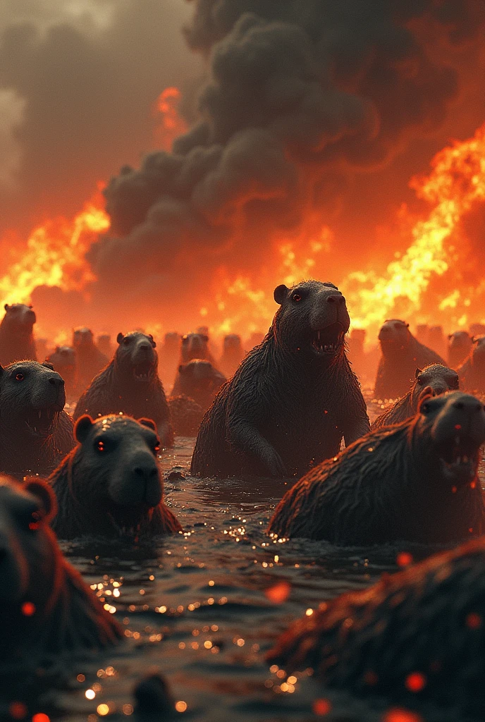 Create several zombie capybaras as if they were in a burning lake