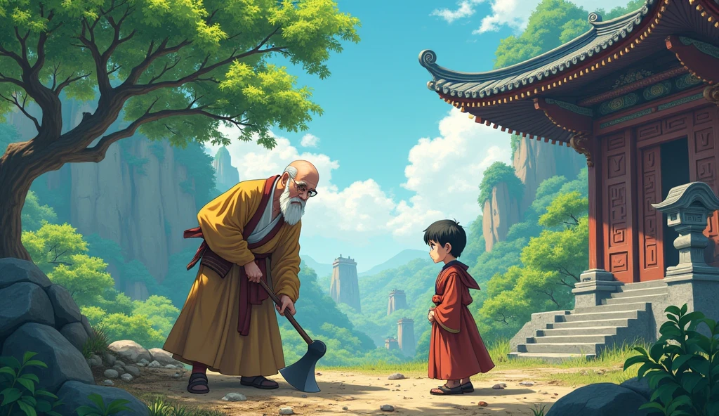 Old monk master digging ground through axe, monk student watching, surrounded by temples, beautiful trees, in anime style, beautiful scenario,