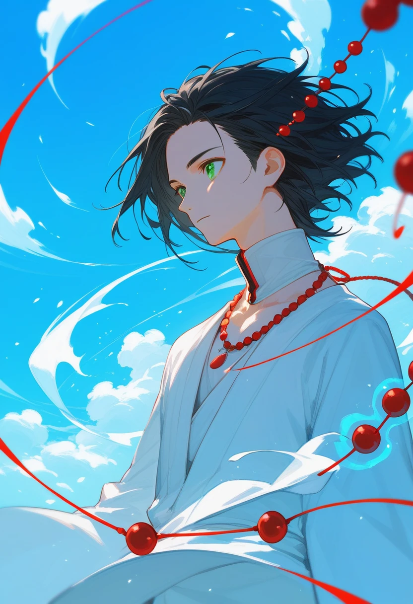score_9_up,score_8_up,1boy, Black Hair, green eyes, medium hair, bangs, (forehead:0.8), wind, white kimono, high neck halter top, red beads, ((necklace)), clouds, blue sky, (((magic)))