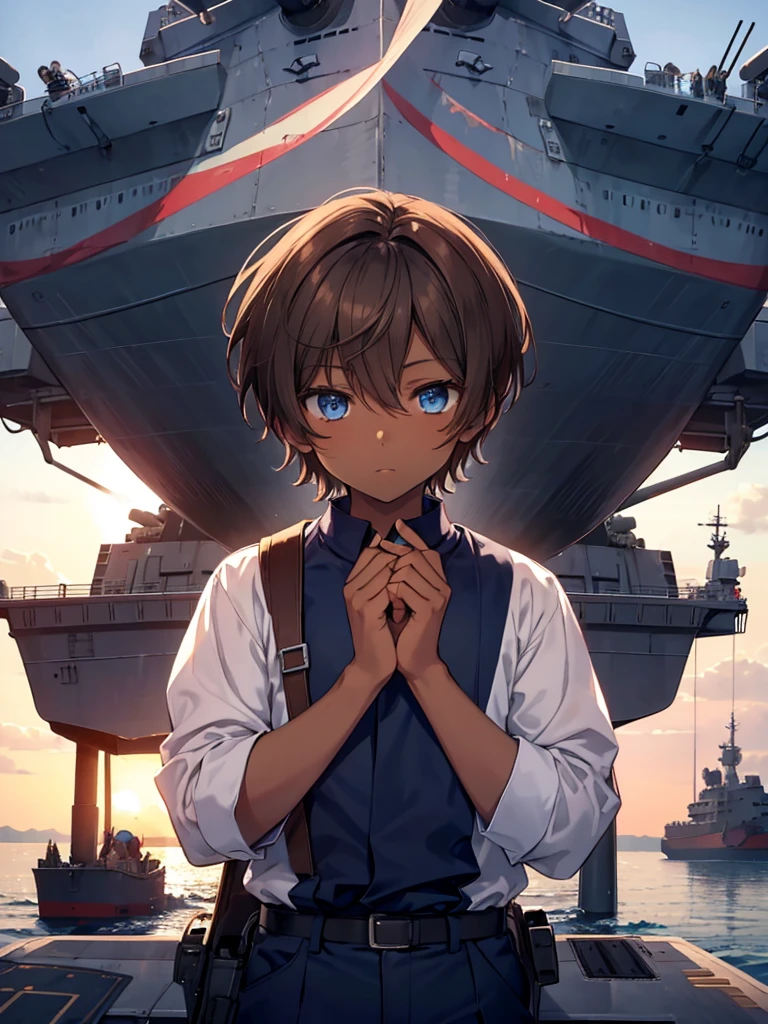 1boy, ((brown hair)), beautiful boy, ((blue eyes)), idol costume, short hair, ((navy)), ((aircraft carrier)), (dark skin)