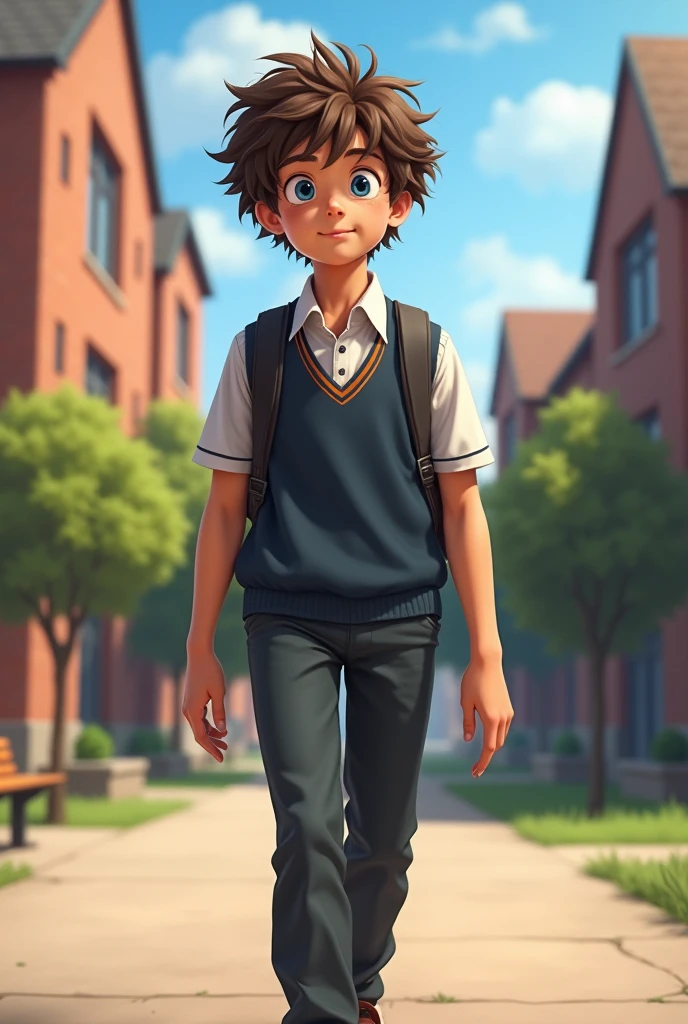 a 17 year old boy with short brown curly hair and blue eyes wearing a school uniform and walking