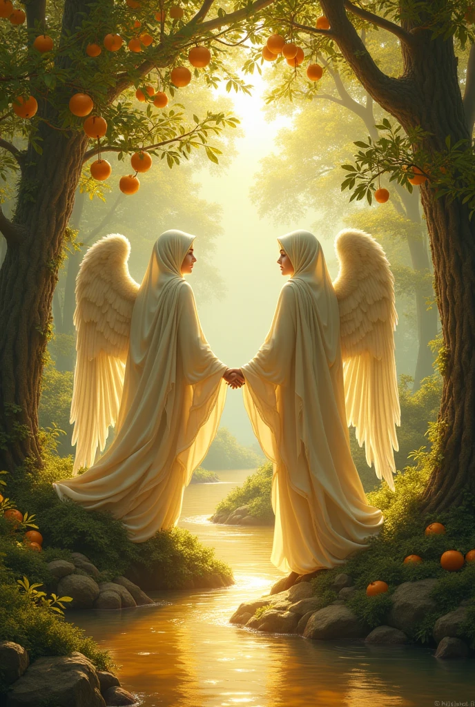 (photorealism:1.2),heaven, gold and silver, trees full of fruits, one stream of honey and one is milk, beautiful female angels wearing full clothes with hijab . realistic, intricate details, warm colors, by Greg Rutkowski, by Alphonse Mucha