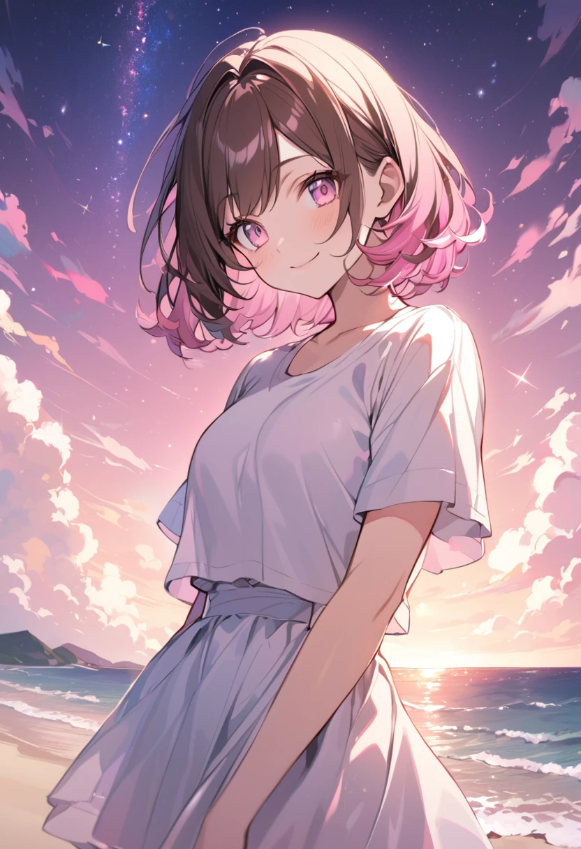 good looking, alone, 1 female, Medium Hair, Brown Hair, Pink highlights on the tips, Pale pink eyes,Smile Facial,Pink starry sky,Short sleeve,Sandy Beach
