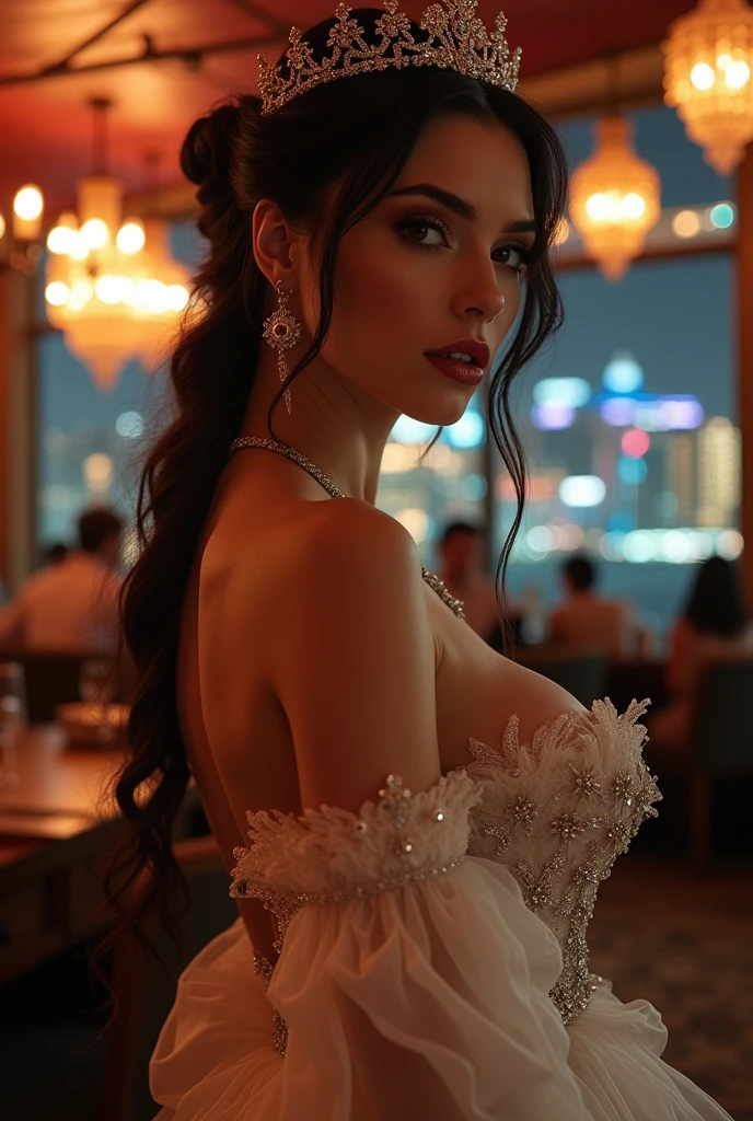 (8k, RAW Photos, full length 16th Century Bride, Victorian era girl like a bride, Highest quality, masterpiece: 1.2)、Very detailed、Super Resolution、(Full body photography)、Natural color lip、Heavy eye makeup、(Super mini skirt tight dress costume 1.2), Gorgeous Accessories、Straight Hair、H cup breasts、Big Breasts:1.2、(Background of a high-end nightclub with a night view1.2)、(Dynamic Sexy Pose 1.2)、(Gorgeous Theme 1.2)、(With cleavage 1.2)