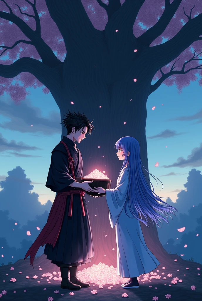 
**Title: yuki: Ashes of a Broken Heart**

The book cover depicts a desolate and emotionally charged scene., center in the image of Yukigami and Yume. 

Yukigami, with her straight white hair and red eyes, appears holding a small container containing Yume&#39;s ashes. His expression is one of deep sadness, a mixture of pain and determination, as he looks down, reflecting the weight of loss. He wears a traditional warrior uniform, with black and red details, that symbolize both their strength and mourning.

Yume, represented in an ethereal and almost translucent manner next to him, has long blue hair and violet eyes. She appears in a serene pose, with a soft and melancholic expression. Your presence is like a ghost from the past, surrounded by a soft light that distinguishes it from the physical world. She wears a traditional kimono in shades of blue and violet., that complements your eyes and hair.

Ao fundo, there is an ancient and imposing tree, surrounded by gently falling flower petals, symbolizing the memory of their first meeting. The tree is an important place, where they met, and now it becomes the place of final farewell. The sky is tinged with shades of twilight, with dark clouds forming, suggesting both the end and a new beginning.

The atmosphere of the cover is one of sadness and beauty., capturing the central theme of loss, love and revenge that permeates the season.


Light novel cover style.