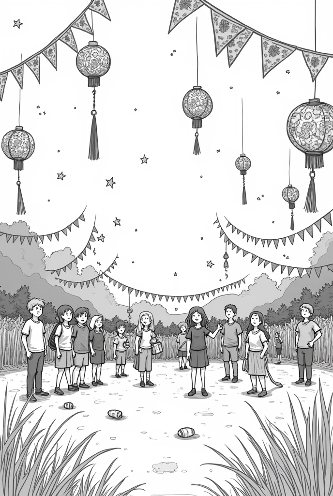 A classroom field with decorations for a festival,lively,sketch,line art,no color, Using DIY,Affordable materials, beautiful decorations