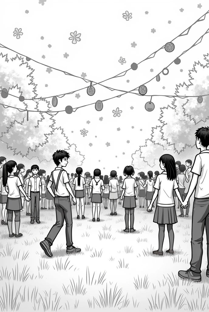 A classroom field with decorations for a festival,lively,sketch,line art,no color, Using DIY,Affordable materials, beautiful decorations