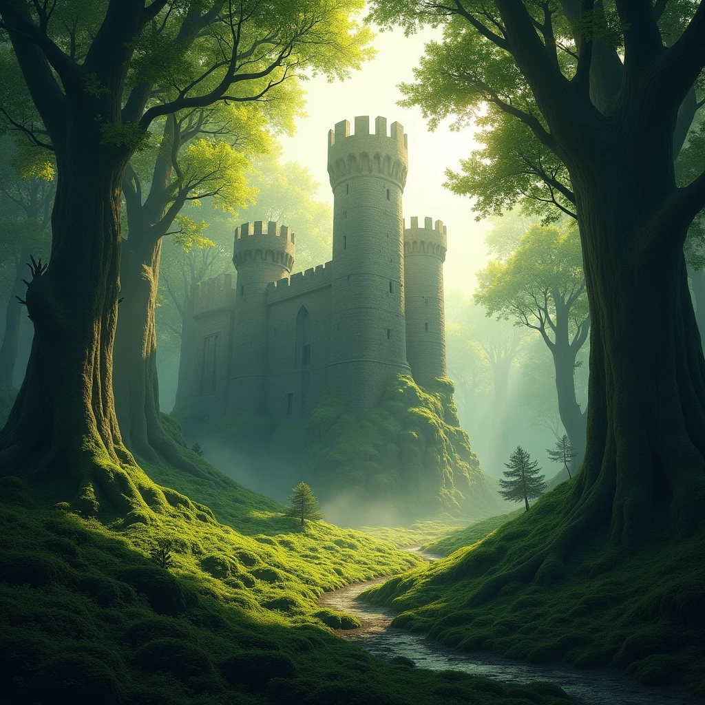 Fantastic landscape of a forest with a medieval castle