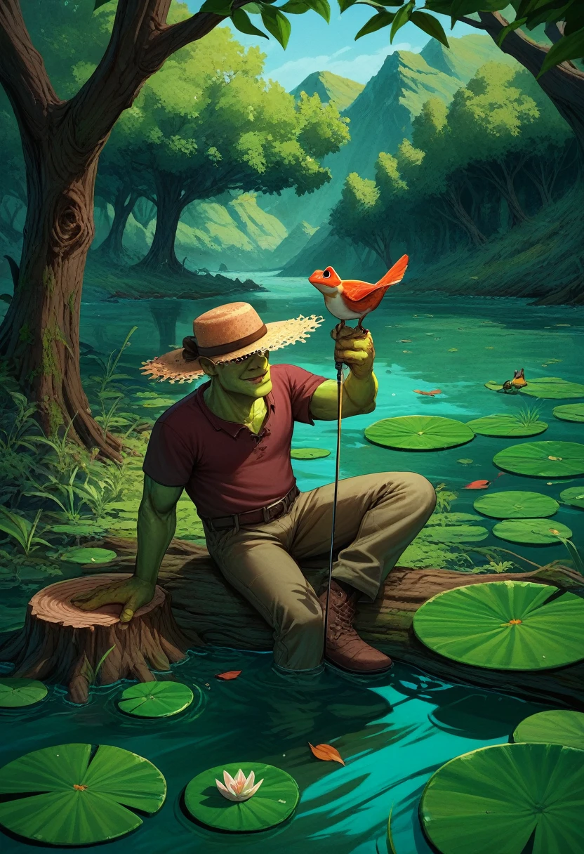 Fraction_9, Fraction_8_up, Fraction_7_up, Solitary, Male focus,Shrek, Green Skin,landscape,swamp,lily pad,straw hat,holding fishing rod,A faint smile,Leaves,frog,birds,Sitting on a tree stump,outdoor