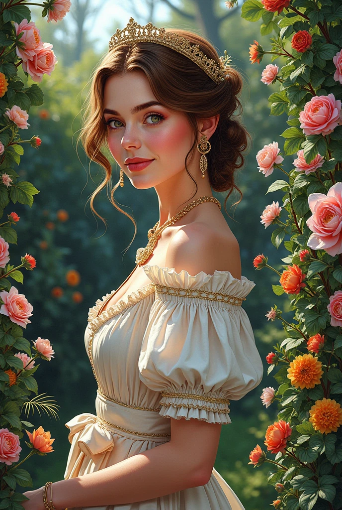 A Portrait of a 24 yo Beautiful Woman [Elizabeth II:Maude Adams:0.45 donning Victorial Casual Dress, she is in her backyard garden with lush vibrant flowers, ly detailed and intricate garden background, A Don Lawrence hyoer realistic color comic Illustration