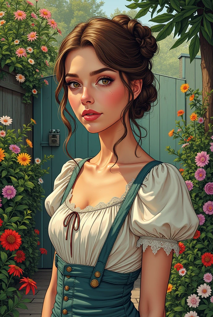 A Portrait of a 24 yo Beautiful Woman [Elizabeth II:Maude Adams:0.45 donning Victorial Casual Dress, she is in her backyard garden with lush vibrant flowers, insanely detailed and intricate garden background, A Don Lawrence hyoer realistic color comic Illustration