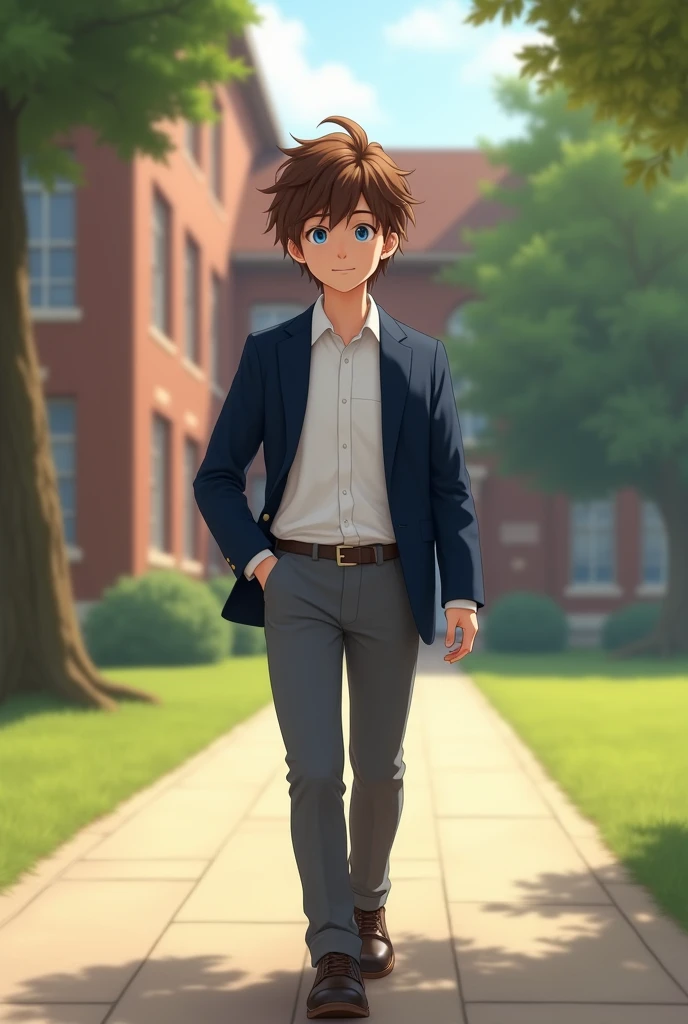 make me a picture of a 17 year old boy with short brown curly hair and blue eyes wearing a school uniform and walking