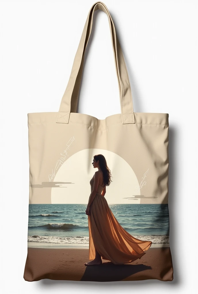 Design  a coffee colour tote bag with white color disegn in the middle..design should be a girl standing infront of a Ocean 
