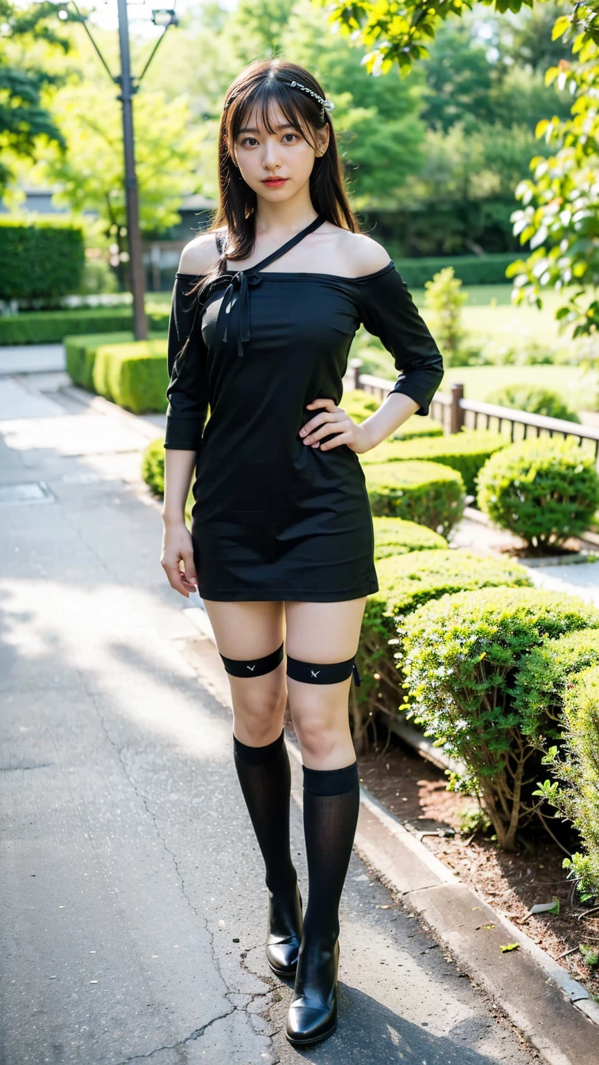 (8k、RAW Photos、Highest quality、masterpiece:1.2)、(Realistic、Realistic)、1 person、((garden、Knee socks、Off the shoulder、Black Mini Dress、Ribbon on chest、cool、Thin legs、whole body、View from the front、Looking into the camera、Stand with hands on hips))、cute