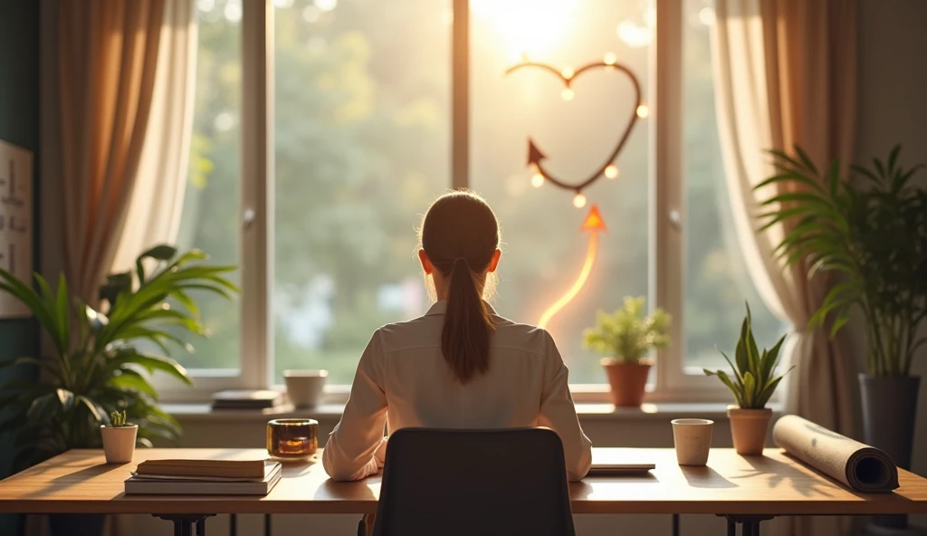 A serene and balanced workspace where a business owner is practicing mindfulness while working. The scene shows the individual sitting calmly at a desk with a laptop, surrounded by elements that symbolize mental well-being: a small indoor plant, a cup of herbal tea, and a yoga mat rolled up nearby. Soft natural light filters through a window, creating a peaceful atmosphere. In the background, subtle symbols like a brain and heart intertwined, along with a glowing upward arrow, represent the connection between mental health and business success. The overall mood is tranquil and uplifting, promoting the idea that maintaining mental wellness is key to achieving happiness and success in business.