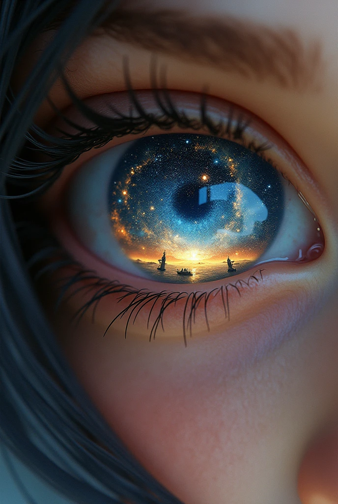 portrait of a girl, eye closeup, iris on the edges. In the pupil there is a deep incredible space - stars, Universe, star explosion, nebula, spaceships.