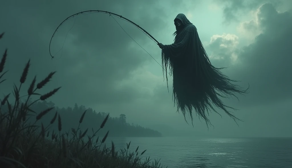 a beautifully detailed personification of La Parka the grim reaper, levitating from the sky with a fishing pole to collect souls, dark surreal fantasy, highly detailed, cinematic lighting, dramatic atmosphere, moody colors, masterpiece
