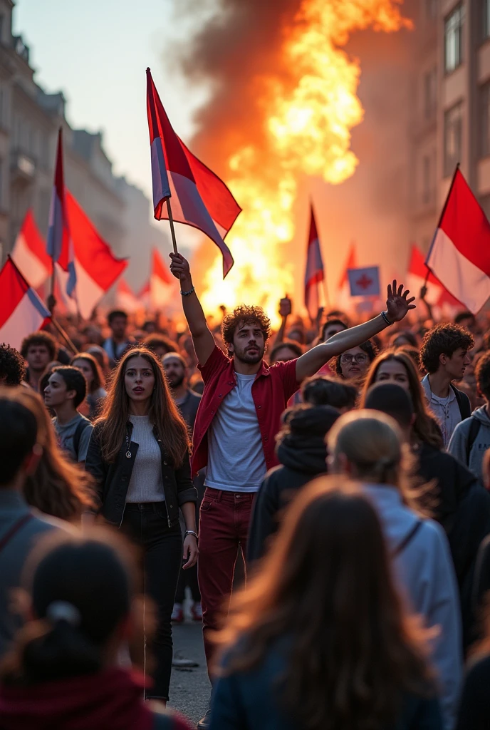 Photo of students and the community holding a large demonstration"while burning the car wheels . The demonstrators carried red and white flags and some carried signs with the words &quot;don&#39;t destroy my horror&quot;