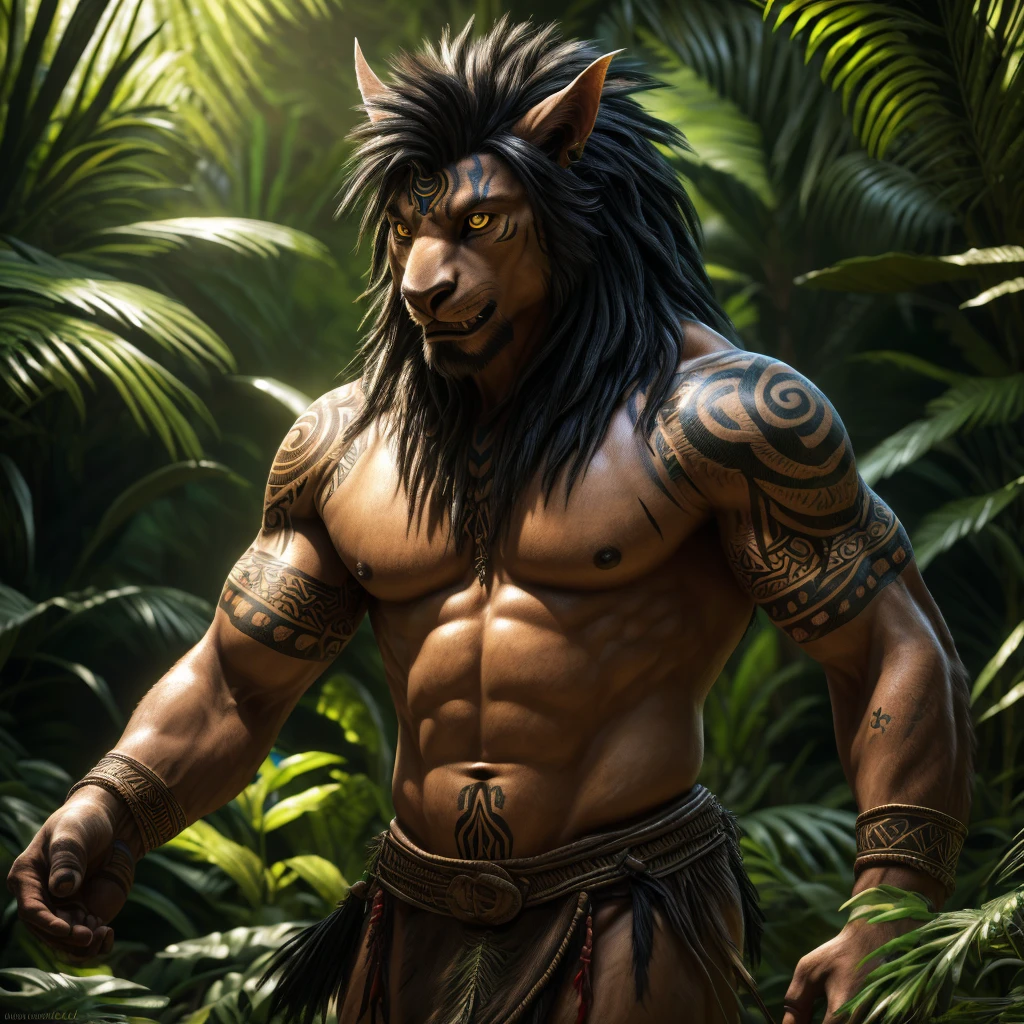 a lone werelions warrior in a jungle tribe, with no shirt, bulging muscles, extending his hand with a joyful expression, detailed black mane, piercing golden eyes, (best quality,4k,8k,highres,masterpiece:1.2),ultra-detailed,(realistic,photorealistic,photo-realistic:1.37),intricate tribal tattoos,dramatic lighting,lush greenery background