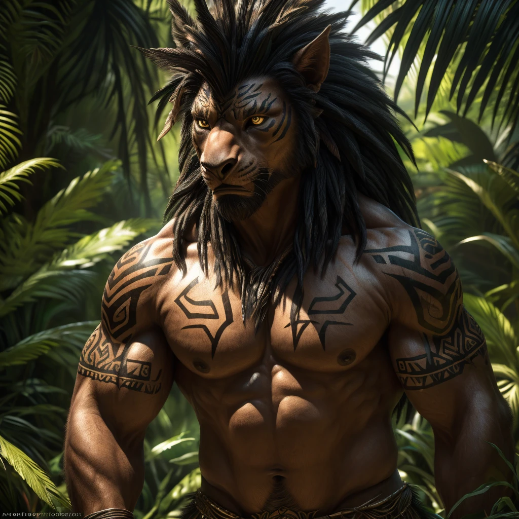 a lone werelions warrior in a jungle tribe, with no shirt, bulging muscles, extending his hand with a joyful expression, detailed black mane, piercing golden eyes, (best quality,4k,8k,highres,masterpiece:1.2),ultra-detailed,(realistic,photorealistic,photo-realistic:1.37),intricate tribal tattoos,dramatic lighting,lush greenery background
