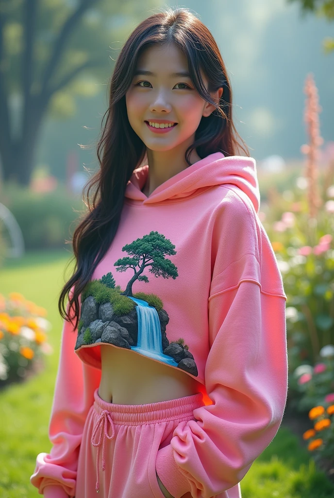 Beautiful Korean girl, smooth white skin, well-groomed face, black and pink hair, highlighter pink croptop knit hoodie, decorated with a large waterfall and tree motif.
, pink and black short skirt, smiling expression, grass garden background surrounded by flower gardens, tall trees, with fog and sunlight through realistic trees, original photo,