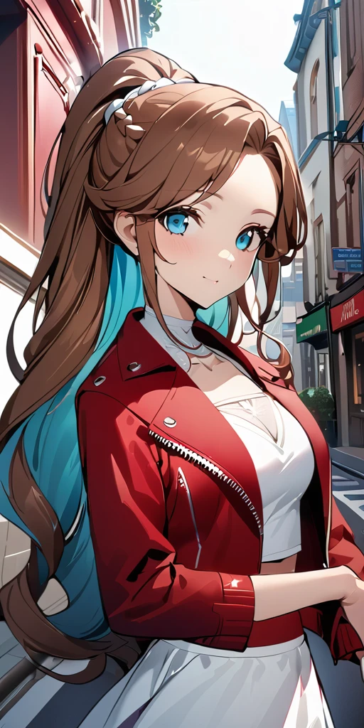 ((((Highest quality、masterpiece、anime style、best quality、high resolution、8k、detailed、ultra-detailed:1.2)))),Beautiful woman with perfect figure:1.4、(Smiling:1.2), double eyelid、30-year-old female、((((One Woman,beautiful face,Beautiful face:1.5)))),Big Breasts、High resolution, accurate, Anatomically correct, High-resolution model, high quality, Very detailed, Ultra high definition、(((Uplifting:1.5)))、Brown Hair、Braid、(((((Aerith Gainsborough:1.2)))))、Cowboy Shot、((((( red midriff jacket,white dress:1.5))))),Red ribbon、In town