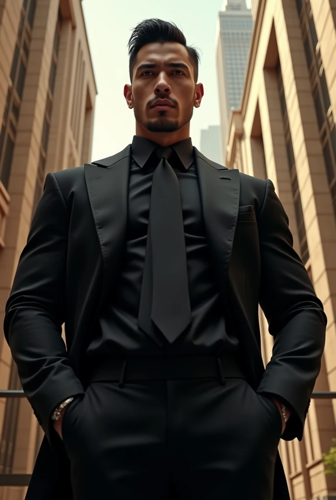 Muscular black suit with attractive face shape and eyes and hairstyle and a great muscular Jawline great buildings behind him and he was a richect person in the world