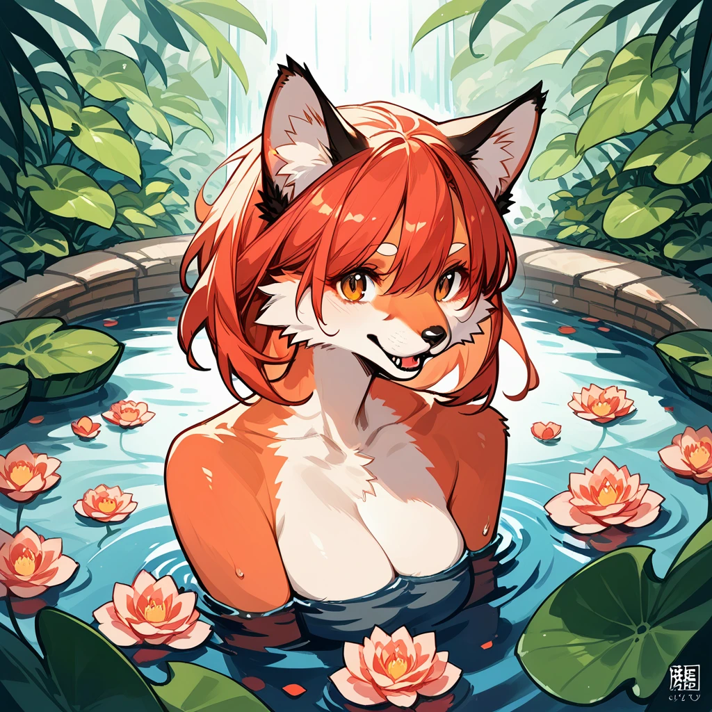 rating_safe, score_9, score_8_up, score_7_up, score_6_up, score_5_up, score_4_up, hires, source_furry, cover_page, (1girl, Solo focus, furry anthro, kemono)bathing in water, beautiful refraction of water, Dreamy, mystical, erotic, Happy, joyful(Photos of solo travelers)cinematic lighting, dynamic angle,