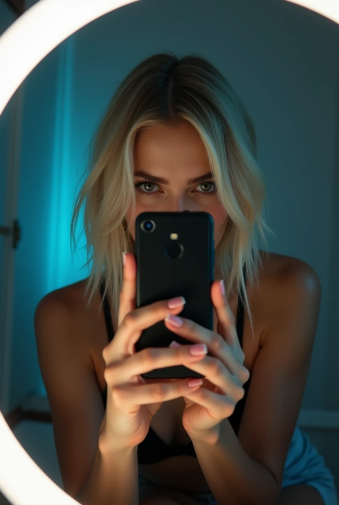 Photo of a young blonde girl taking a selfie in her bedroom, striking a very sexy pose with her phone in front of her mirror. She hides her face completely. She's of average build. The mirror is equipped with white LEDs. She is dressed.