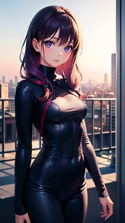 girl, violet hair, standing, deserted city, detailed body, high resolution, best quality intricate details, realistic lighting, , vibrant colors, adventure clothes