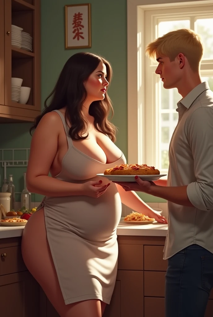 Soft woman, kitchen, baking, housewife, brunett, straight hair, apron, huge boos, gigant boops size F, curvy butt, she is serving a food to her husband, he is blond, he is smilling at her 