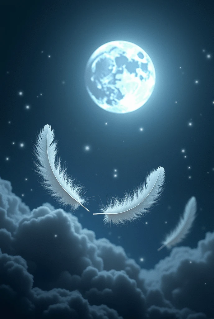 Mysterious and fantastical scenery at night。The full moon shines high in the sky、White feathers fluttering in the sparkling light