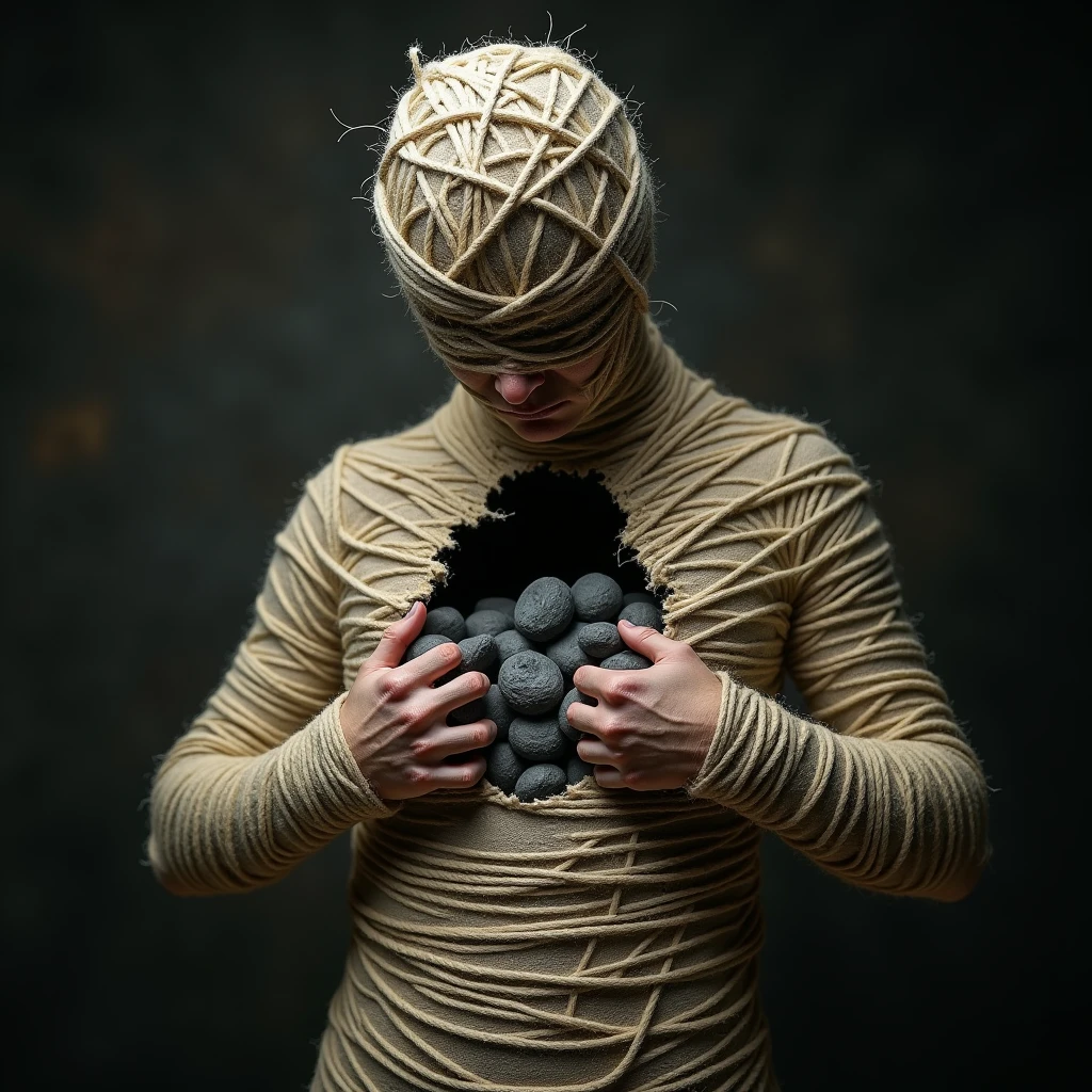 (a close up of a ball of yarn wrapped around a person, inspired by Igor Morski, surreal dark art, trapped in my conscious, dark surreal art, emotional surrealist art, surreal art, human body breaking away, illusion surreal art, by Igor Morski, inspired by Kay Sage, horror surreal art, by Kay Sage, dramatic artwork, great digital art with details). realistic style, photo, photorealistic, high detail, (sharp), (photorealism:1.2), (photo:1.2) of a person completely wrapped in rough, thick twine or rope, creating a sense of constriction and entrapment. The twine covers the entire body, including the hands, which are barely visible through the layers of binding. The person’s stance is tense, with their torso slightly bent forward as they forcefully pull apart an opening in their chest. The edges of the tear are jagged, as if the skin and twine are ripping apart simultaneously.
From the gaping wound in the chest, gray stones tumble out. The stones are various sizes, rough and irregular in shape, adding to the unsettling atmosphere of the scene. The expression on the person’s partially obscured face is one of intense strain and pain, reflecting the physical and emotional turmoil of the act. The background is shadowy and indistinct, further emphasizing the focus on the figure and the eerie transformation taking place. The overall tone of the image is dark and somber, evoking feelings of anguish and despair. , detailed features, ultra realistic